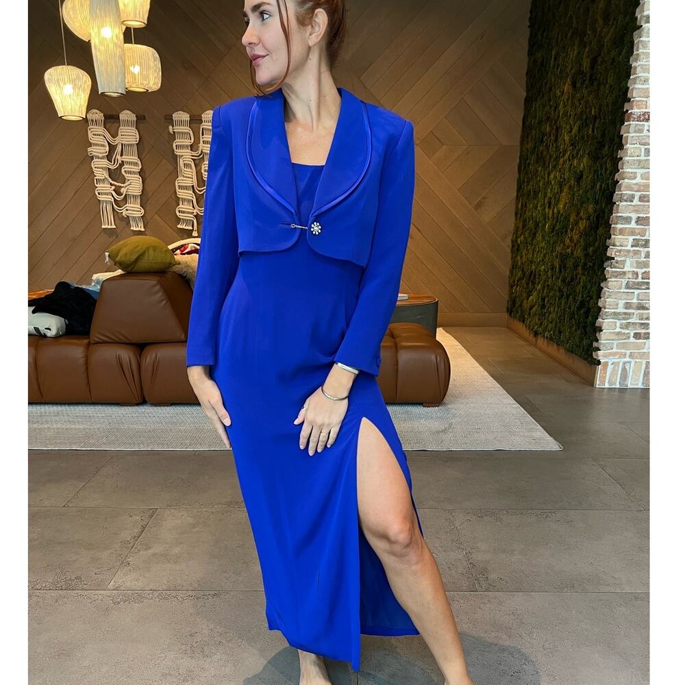 Oleg Cassini Black Tie Vintage 90s Royal Blue Dress and 3/4 Sleeve Size Small